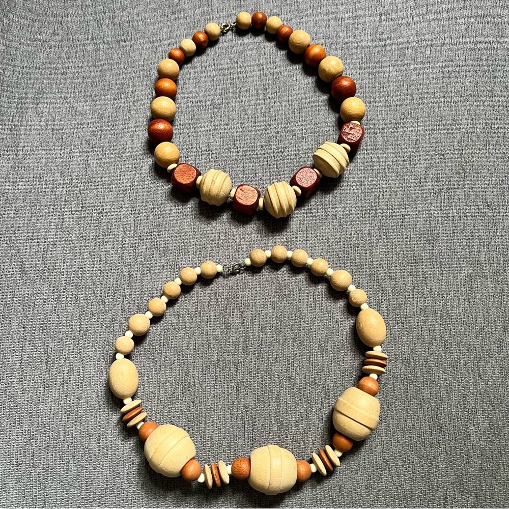 Vintage Wood Bead Necklace Lot of 2 Boho 70s 80s Earth Tone